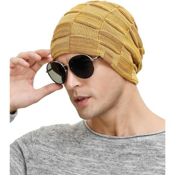 Slouchy Beanie Hats for Men Yellow - Picture 4 of 7